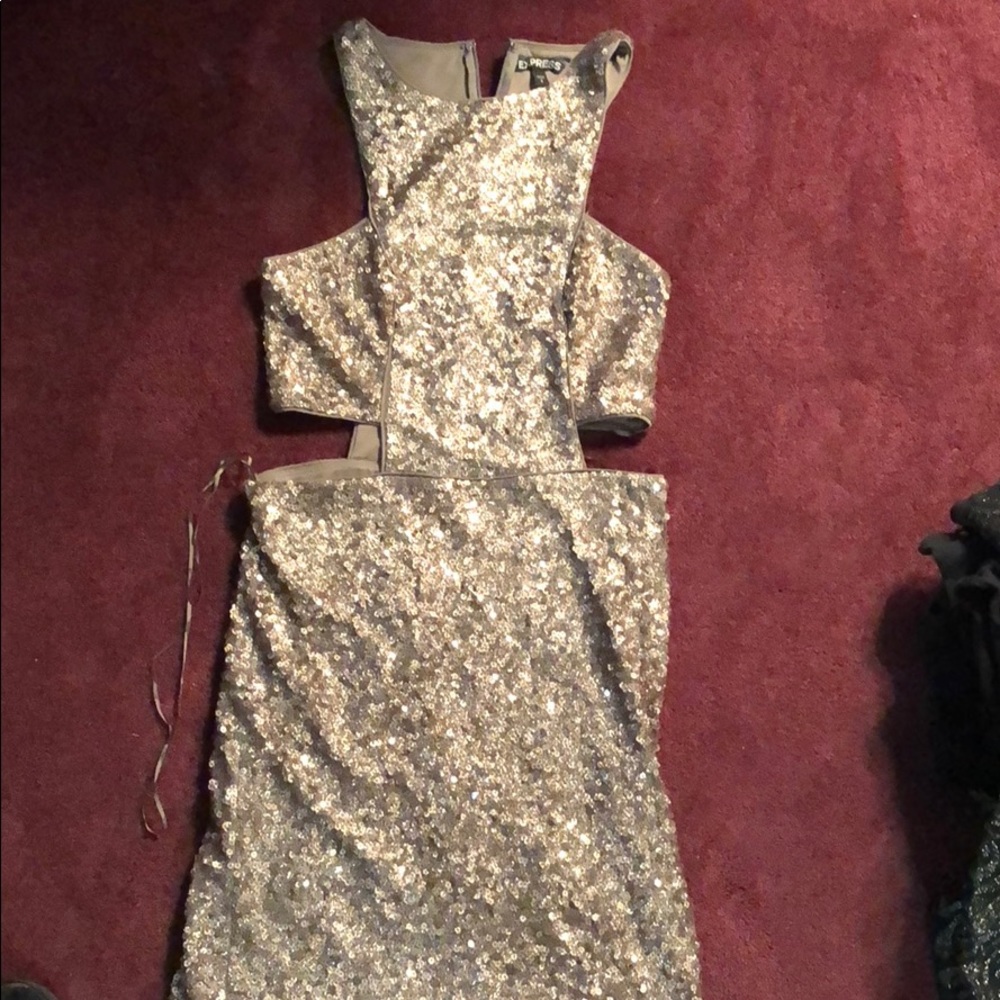 Express Champagne Gold Sequin Cutout Dress